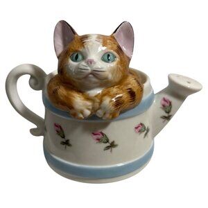 Vintage Cat Themed Music Box Kitten in a Tea Pot Ceramic Floral Pattern Japan